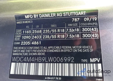 2020 Mercedes-Benz Glb 250 4Matic из США, поврежденный, VIN WDC4M4HB9LW006992